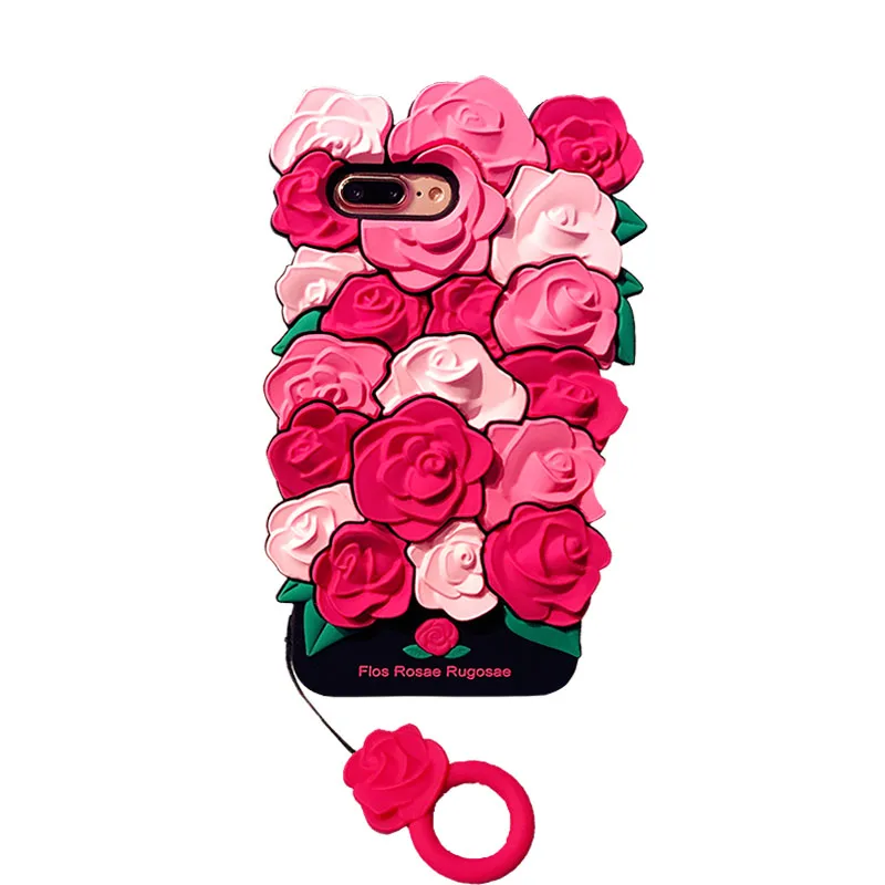 VANFOO 3D Rose Silicone Case For iPhone X 7 8 Plus 6 6S Stereo Flos Rosae Rugosae Flower &amp Lanyard Ring Soft Phone Back Cover |