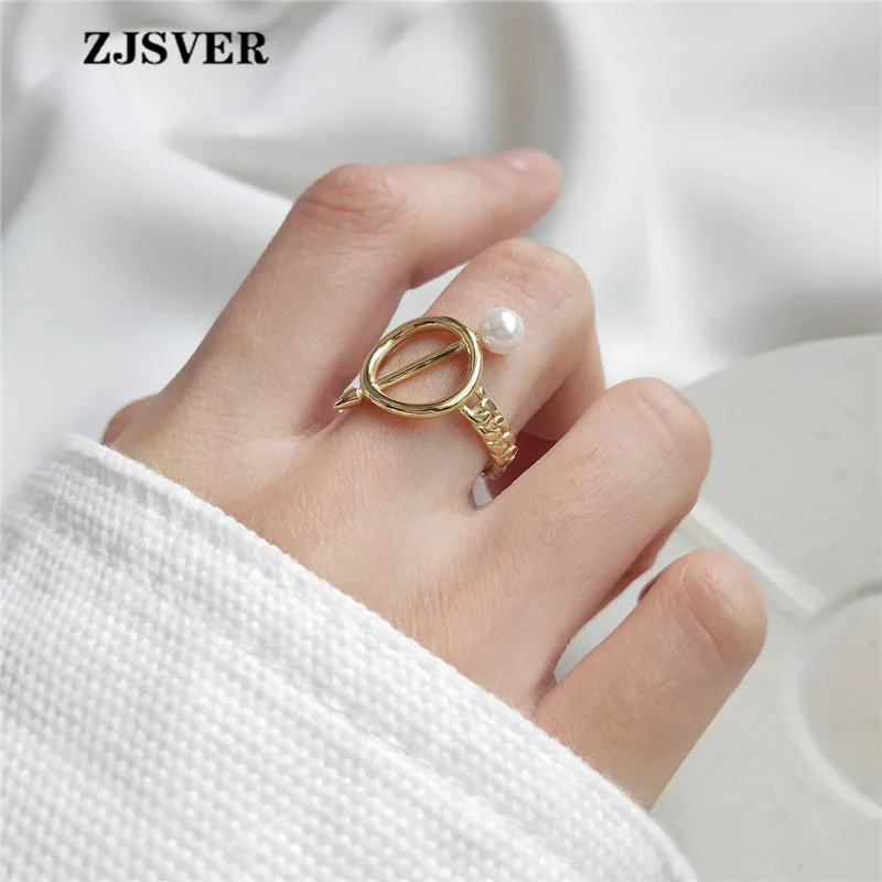 

ZJSVER Korean Jewelry 925 Sterling Silver Rings Golden Fashion Chain Pearl Arrow Opening Women Ring For Festival Or Party Gift