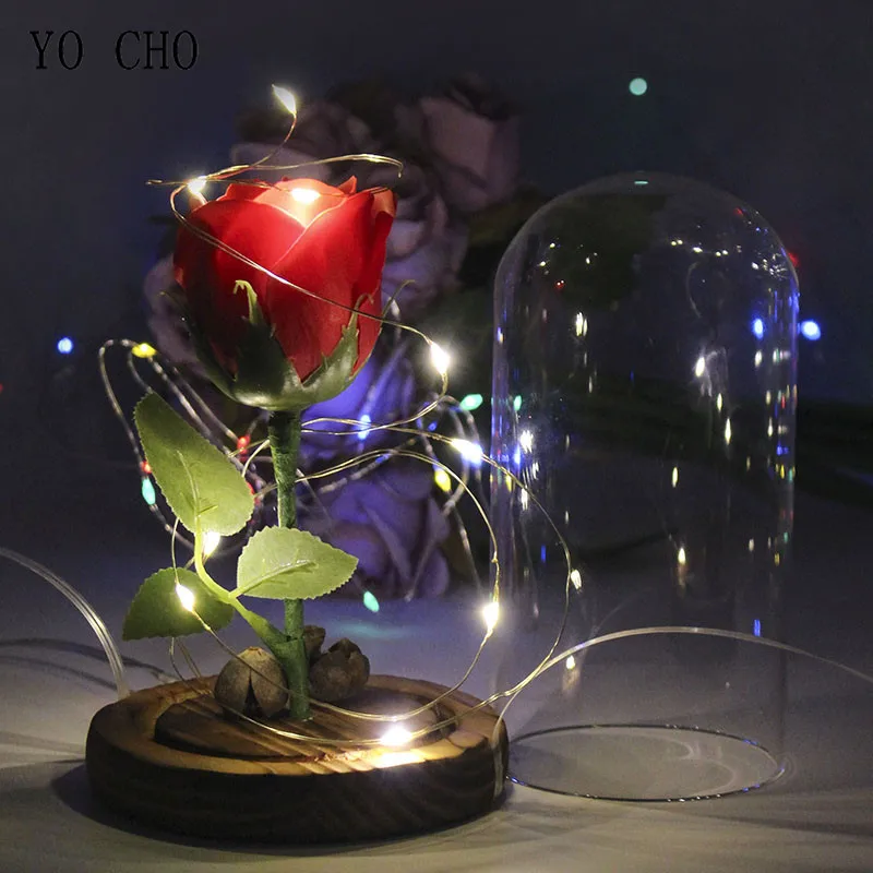 

YO CHO LED Flashing Artificial Rose In A Flask LED Light Rose Micro Landscape Glass Cover Valentine's Day Mother's Day Box Gifts