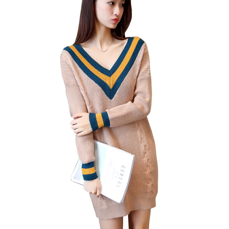 

New Autumn Winter Fashion V-Neck Panelled Knitted Dresses Women Full Sleeve Loose Straight Dress Elegant Slim Sexy Vestidos M412