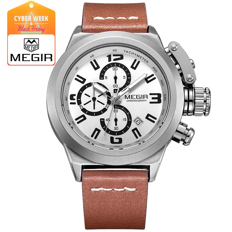 Megir Mens Watch Fashion Chronograph Luminous Quartz Wristwatch Casual Leather Waterproof Analog Watch with Calendar for