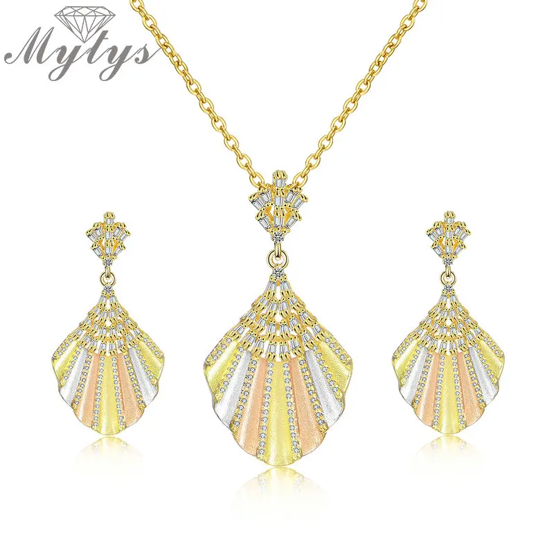 

Mytys Yellow Silver Rose Three Tone Gold Jewelry Sets for Women Tricolor Gold Unique Design Necklace Earring Ensembles de bijoux