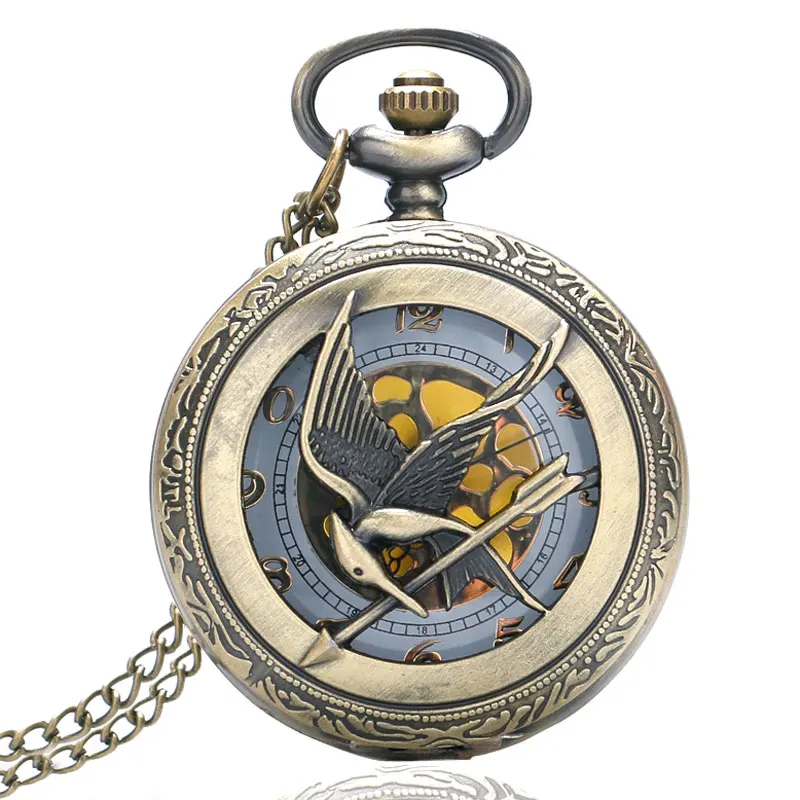 

Retro Quartz Watch The Hunger Games Theme Hollow Bronze Pocket Watch Bird Design Men Women Clock Vintage Pendant Gifts