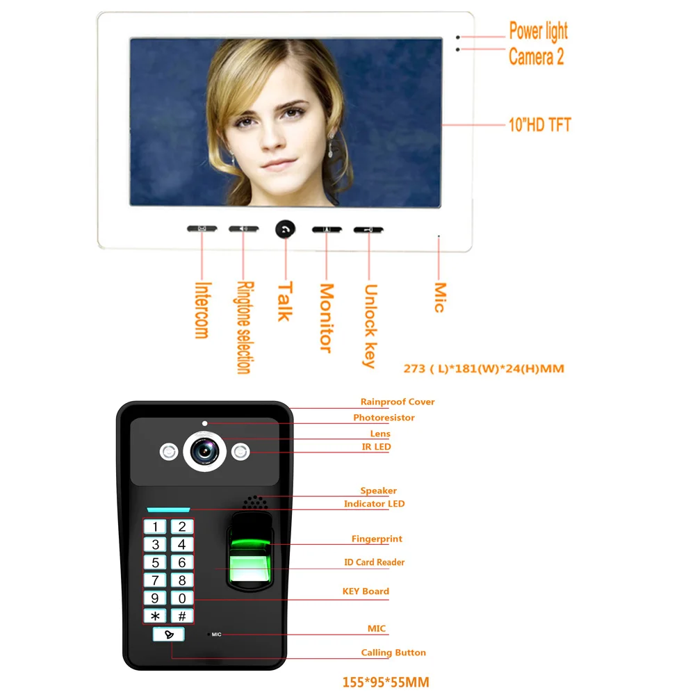 1" ЖК-RFID распознавания отпечатков пальцев пароль телефон видео домофон Системы комплект с ИК Камера 1000 ТВ линии