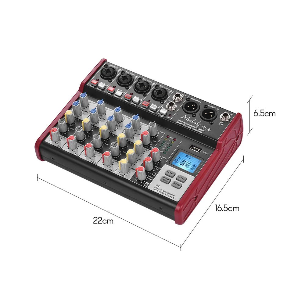 Muslady SL-6 6-канальный смешивания консольный микшер 2-полосным эквалайзером встроенный 48V Phantom Мощность поддерживает подключения BT USB MP3 плеер для ди-джей