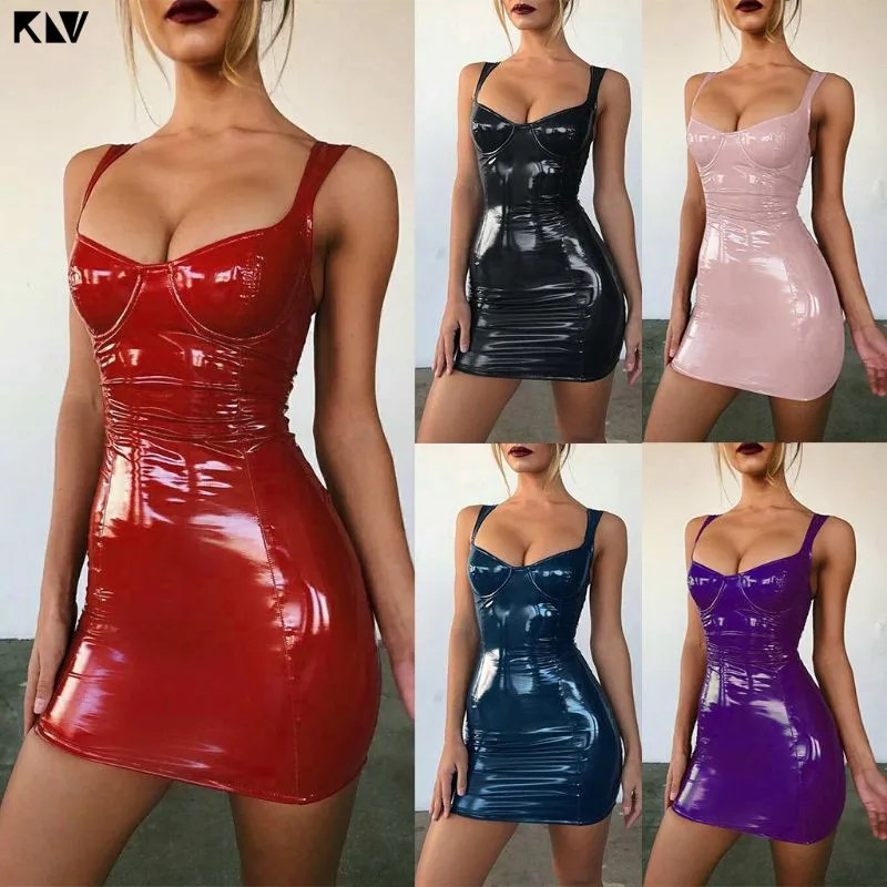 KLV женское сексуальное мини-платье-карандаш из искусственной кожи с v-образным