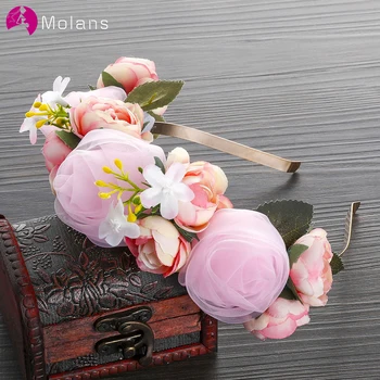 

MOLANS Lace Mesh Rose Flower Crown Elegant Lady's Wedding Accessories Handmade Fabric Flower Headband Headpiece For Women&Girl