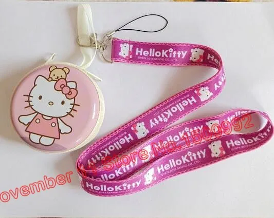 

New 1Pcs hello kitty Cartoon Neck Straps Lanyards key ID Card + Coin Purse Set QW-525