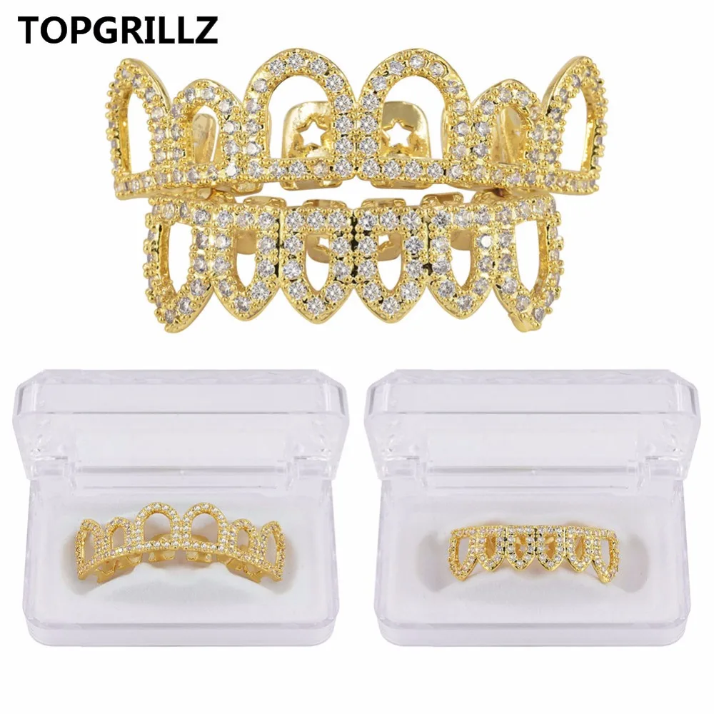 

TOPGRILLZ Pure GOLD Color Plated Hip Hop Micro Pave CZ Fang Hollow Top & Bottom GRILLZ Vampire Teeth Grills Set