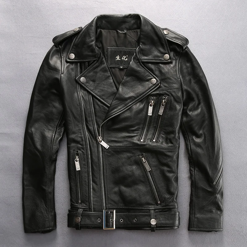 Men&#39;s slim fit motorcycle jacket with belt zippers fashion leather biker jacket men 2016 newa ...