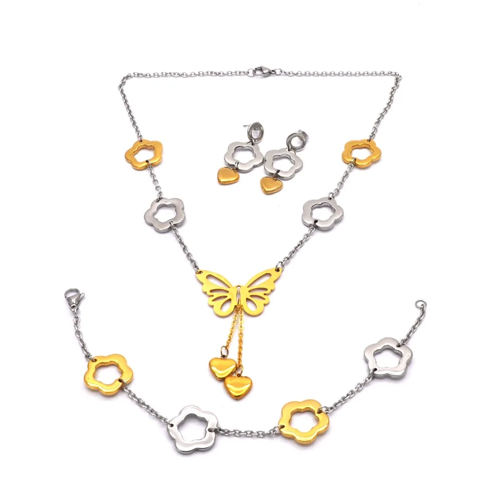 

new wholesale stainless steel jewelry sets flower&heart &butterfly earring bracelet necklace set charm jewelry for women NE03263