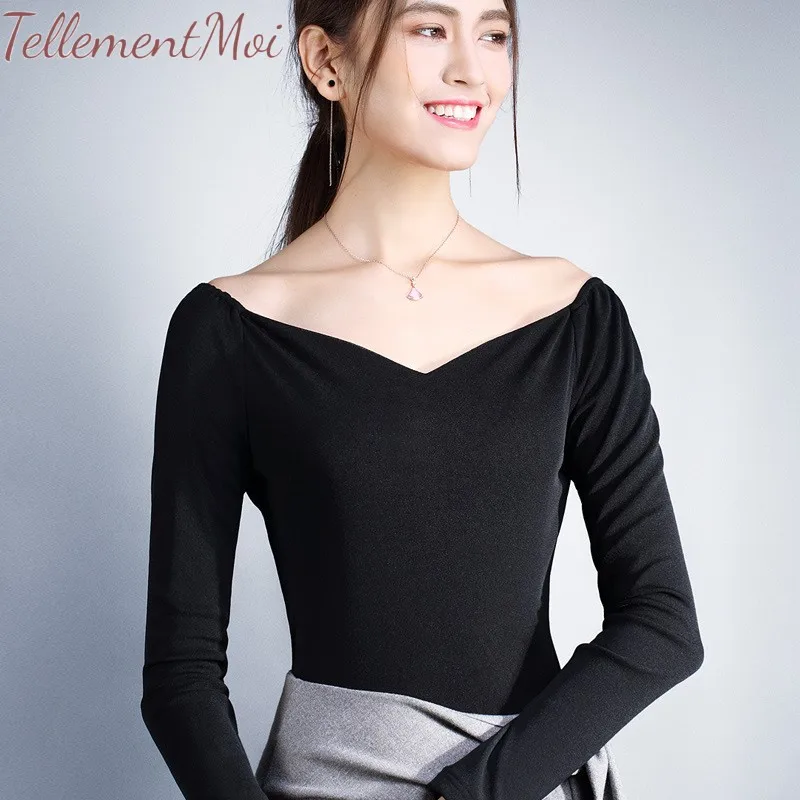 

Black Basic Shirt Off the Shoulder V Neck Slim Fit Tops Workwear Office Ladies Long Sleeve Bottoming T-Shirt Women Sexy Wild Tee