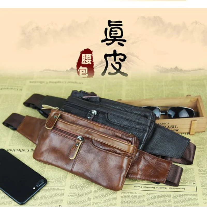 

New multi-function Men Geniune Leather Waist Bags Cell phone mini pockets Fashion Travel Pouch(B)