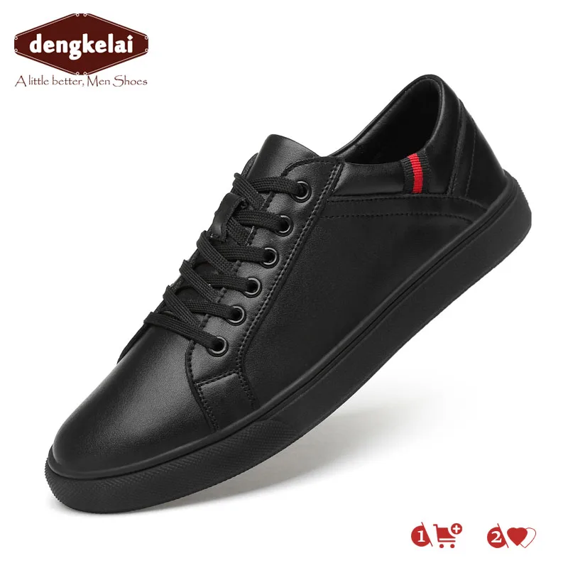 

DENGKELAI men casual natural leather shoes soft and comfortable sneakers high quality lace-up black white sneakers 2019