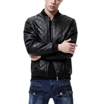 

Men's fashion PU Leather Jackets Stand Collar Thick Warm Motorcycle Bike Dropshipping Male Fashion Plaid long sleeves top Coats
