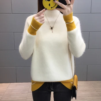 

Women Winter Autumn Fashion Loose Long Sleeve Turtleneck Patchwork Knitted Sweater Female Wholesale Casual Brand Pullover Tops