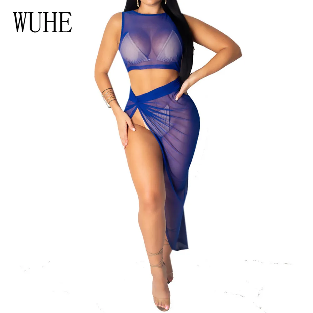 

WUHE Two Pieces Sets Perspective Mesh Dress Sexy Hollow Out Sleeveless High Split Irregular Summer Dress Women Elegant Vertidos