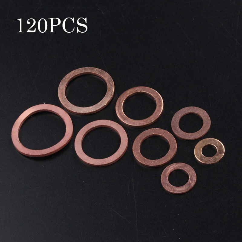

120PCS/Set Solid Copper Washers Sump Plug Assortment Washer Set 8 Sizes Professional Hardware Accessories with Box Copper Washer
