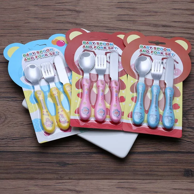 Baby Kids Feeding Spoon Fork Knife Set Stainless Steel 3Pcs/Set