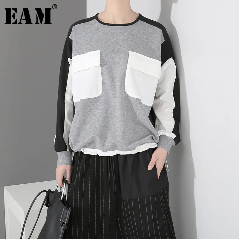 

[EAM] 2019 New Spring Round Neck Long Sleeve Black Hit Color Big Pocket Stitching Loose Big Size Sweatshirt Women Fashion JH367