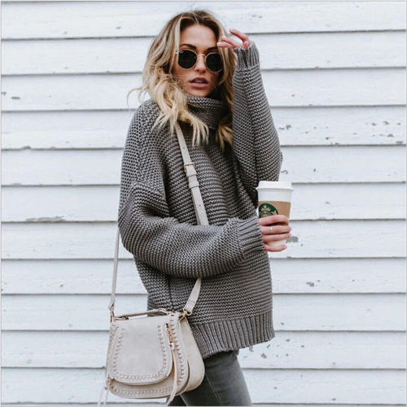 

New Fashion Women Solid Color High Necked Sweater Long Sleeve Casual Loose Autumn Winter Warm Clothes Coat Casual Sweater Tops