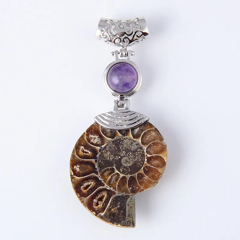 

New Natural Ammonite Conch Shell Necklaces Pendant with Round Natural Stone Amethysts Tiger eye Women's Girl Pendants Jewelry