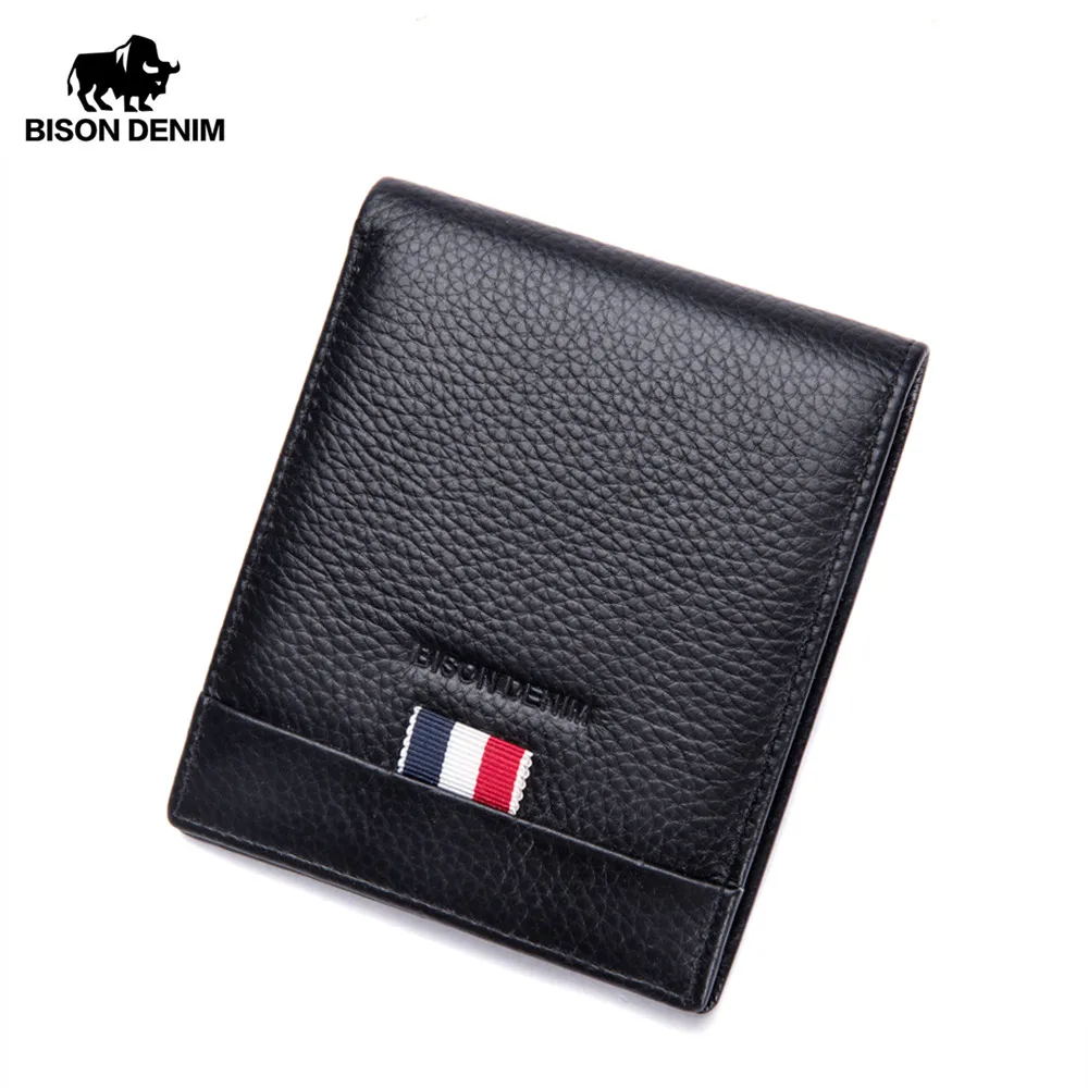 

BISON DENIM Men Short Wallet Cow Leather Purse For Men Soft Card Two Cash Slots Casual Genuine Leather Wallets Male N4486