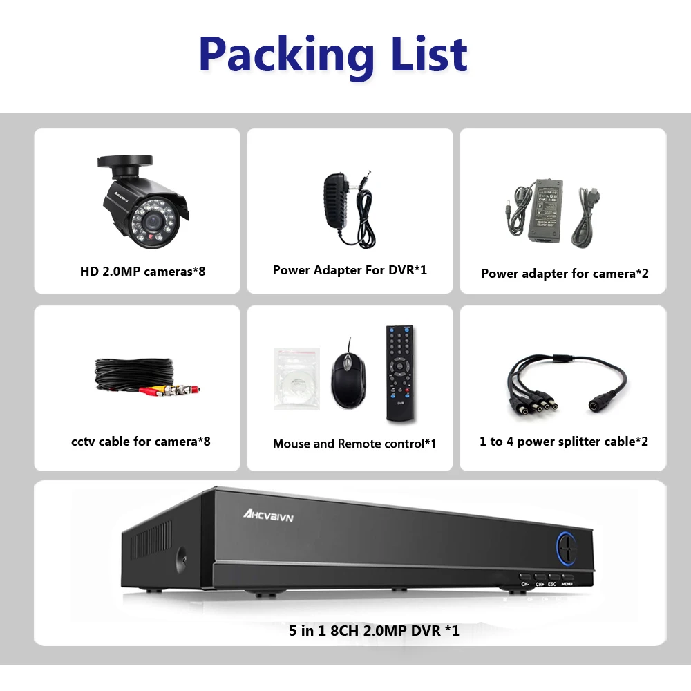 Home 8CH CCTV DVR System AHD DVR 1080P 2.0 Megapixels IR Security Camera 3000TVL CCTV Camera Security System Home 8CH CCTV DVR System AHD DVR 1080P 2.0 Megapixels IR Security Camera 3000TVL CCTV Camera Security System