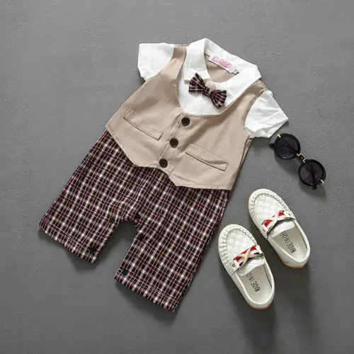 

Newborn Kid Baby Boy Plaid Jackets Infant Single Breasted Summer Fashion Outfits Jumpsuit Romper Bodysuit Gentleman Formal Sets
