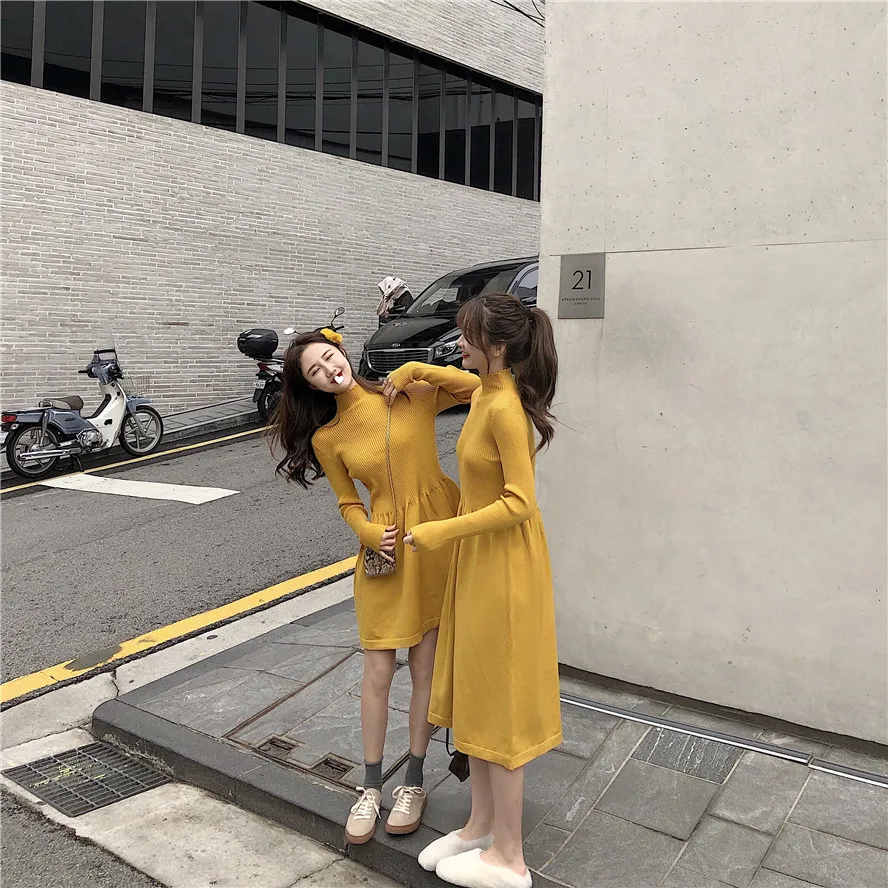 

Women Sweater Dress Vintage Korean Long Sleeve Pullover Bodycon Slim Bottomming Dress Winter Autumn 2018 Pull Femme Jurken