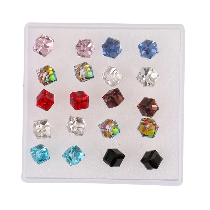 

LNRRABC Fashion 10 pair/set Stud Earrings Women Square Crystal Bling Stud Earrings Piercing Cube Pink Red Jewelry Gift