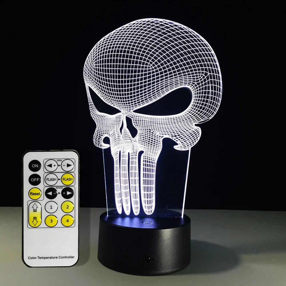  Free Shipping 1Piece Punisher Skull Multi-colored Bulbing Light Acrylic 3D Hologram Illusion Desk L - 32761694062