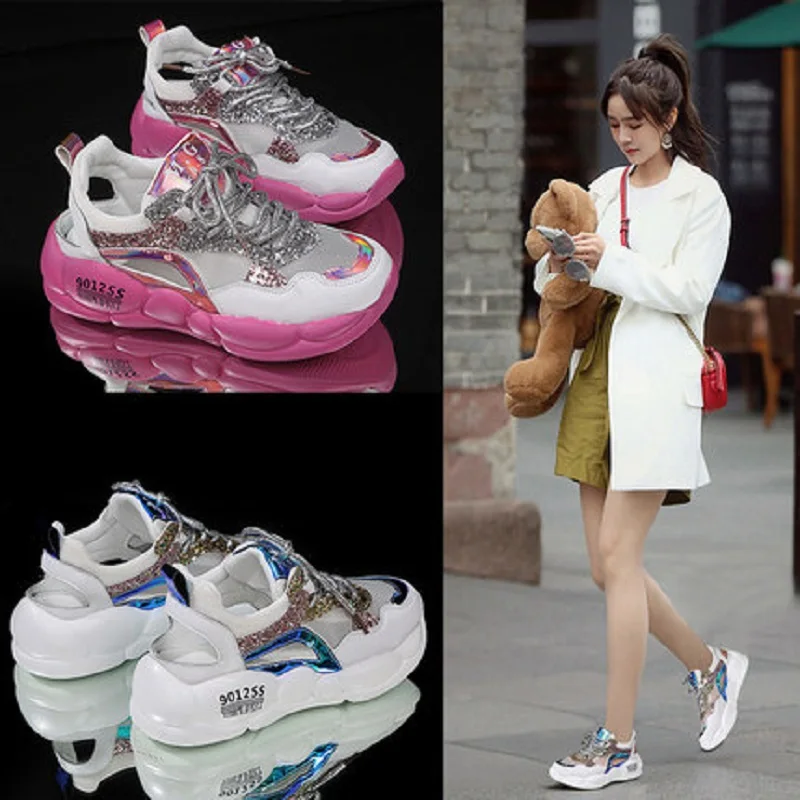 

2019 new summer wild sequins mesh openwork breathable increase thick bottom old shoes women's shoes