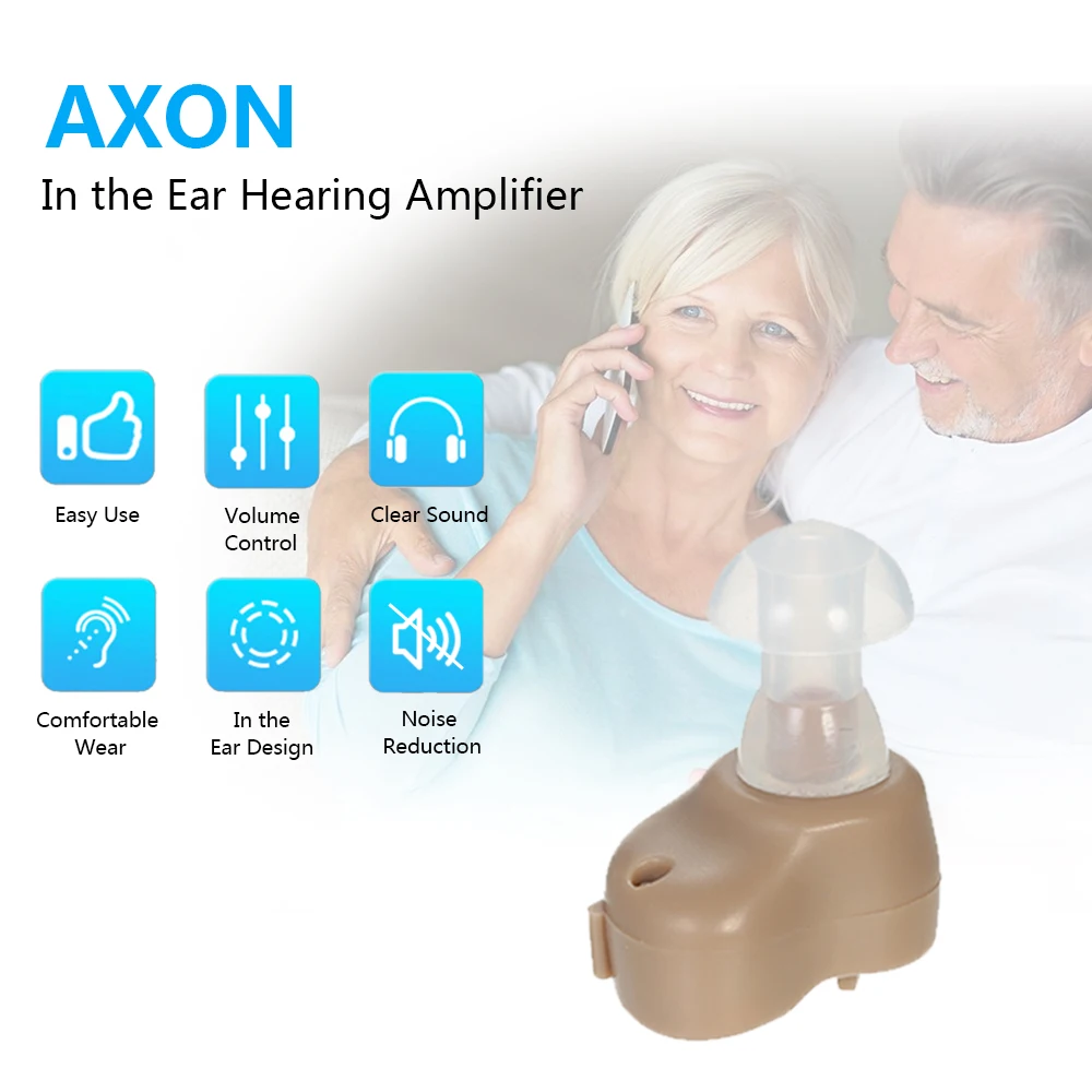 

AXON Portable Mini Hearing Aid Adjustable Tone Ear Audiphones Small In The Ear Invisible Best Sound Amplifier + 4 Size Earplugs