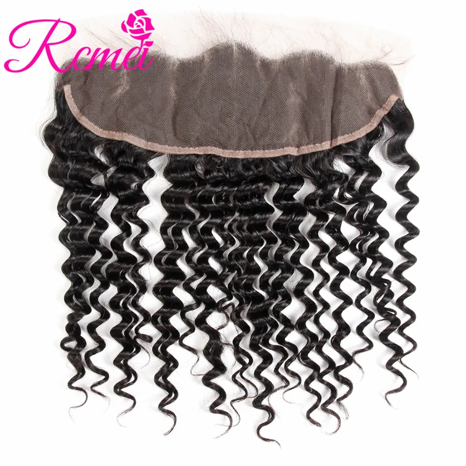 Rcmei Brazilian Deep Wave Lace Frontal Closure Natural Black 13*4 Ear To Ear Lace Front Free Part Remy Hair Closure