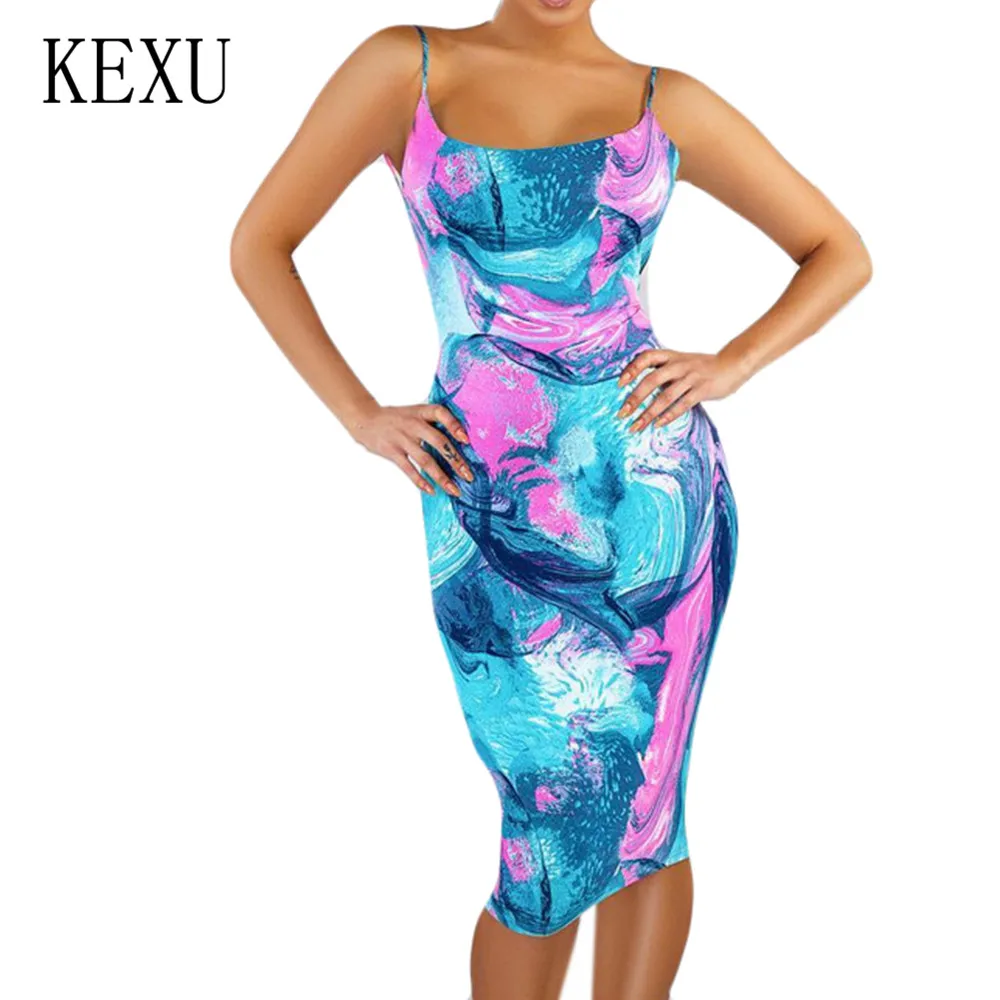 

KEXU Sexy Spaghetti Strap Backless Vintage Printed Dress Women Sleeveless Hollow Out Summer Bodycon Dress Vestiges Robe Longue