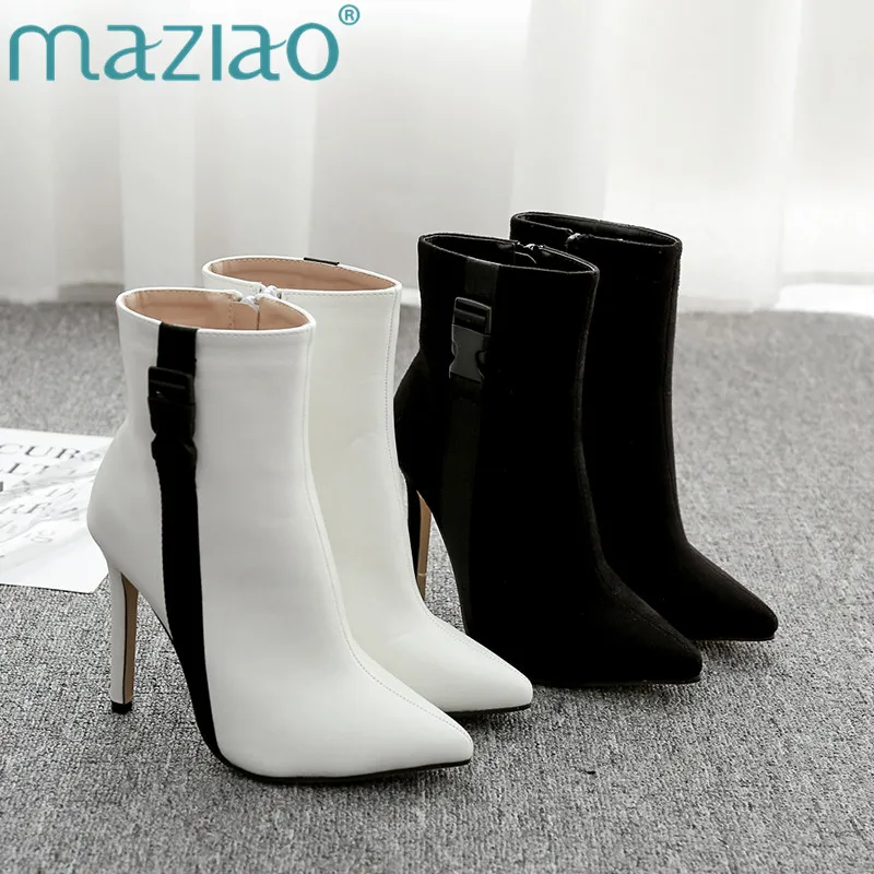 

Stiletto Shoes botas mujer Women Pointed Toe Buckle Strap Stiletto Thin High Heels Shoes Booties Ladies Shoes White Black MAZIAO