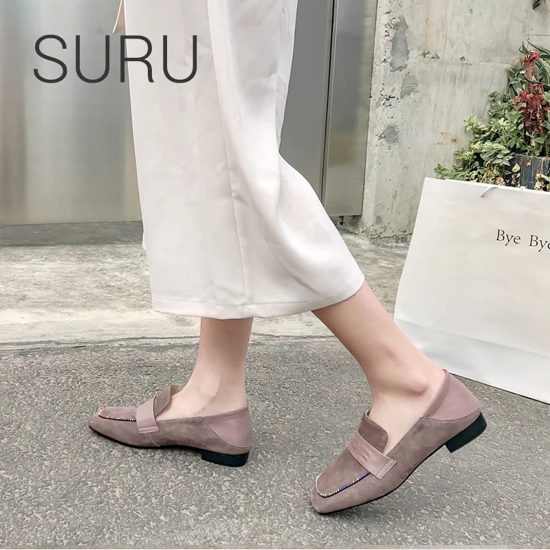 

SURU Ladies Kid Suede Square Toe Loafers Shoes For Women 2019 New Spring Crystal Detail Footwear