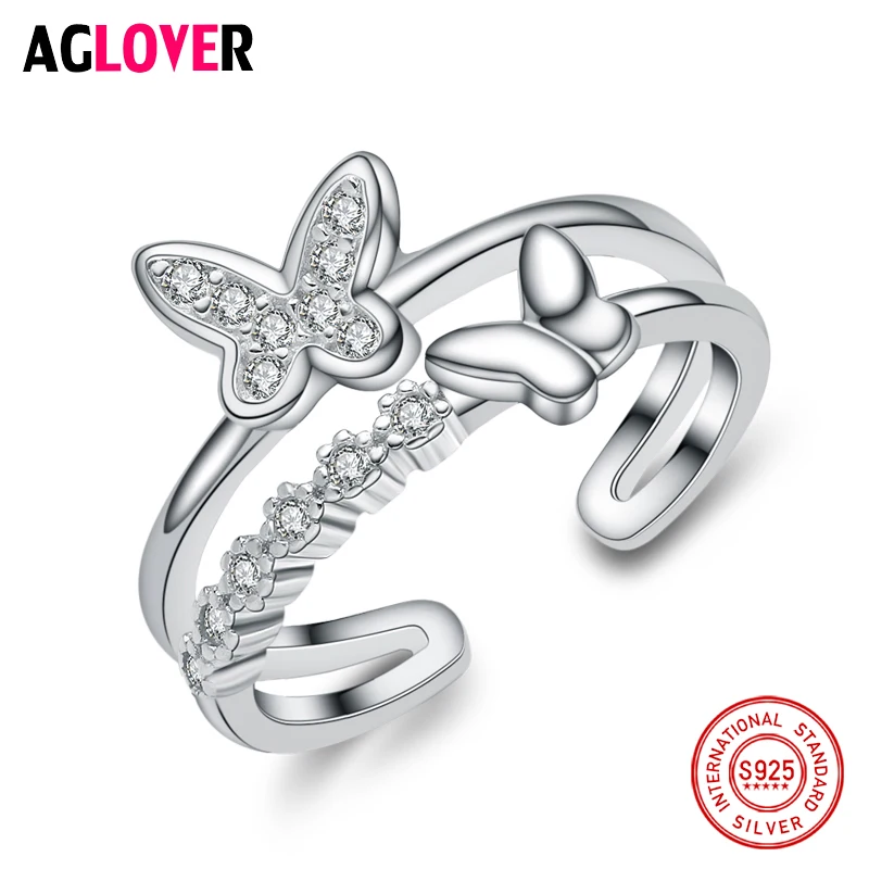 

New Arrivals Pure 925 Sterling Silver Crystal Butterfly Rings For Women Adjustable Size Ring Fashion Sterling-Silver-Jewelry
