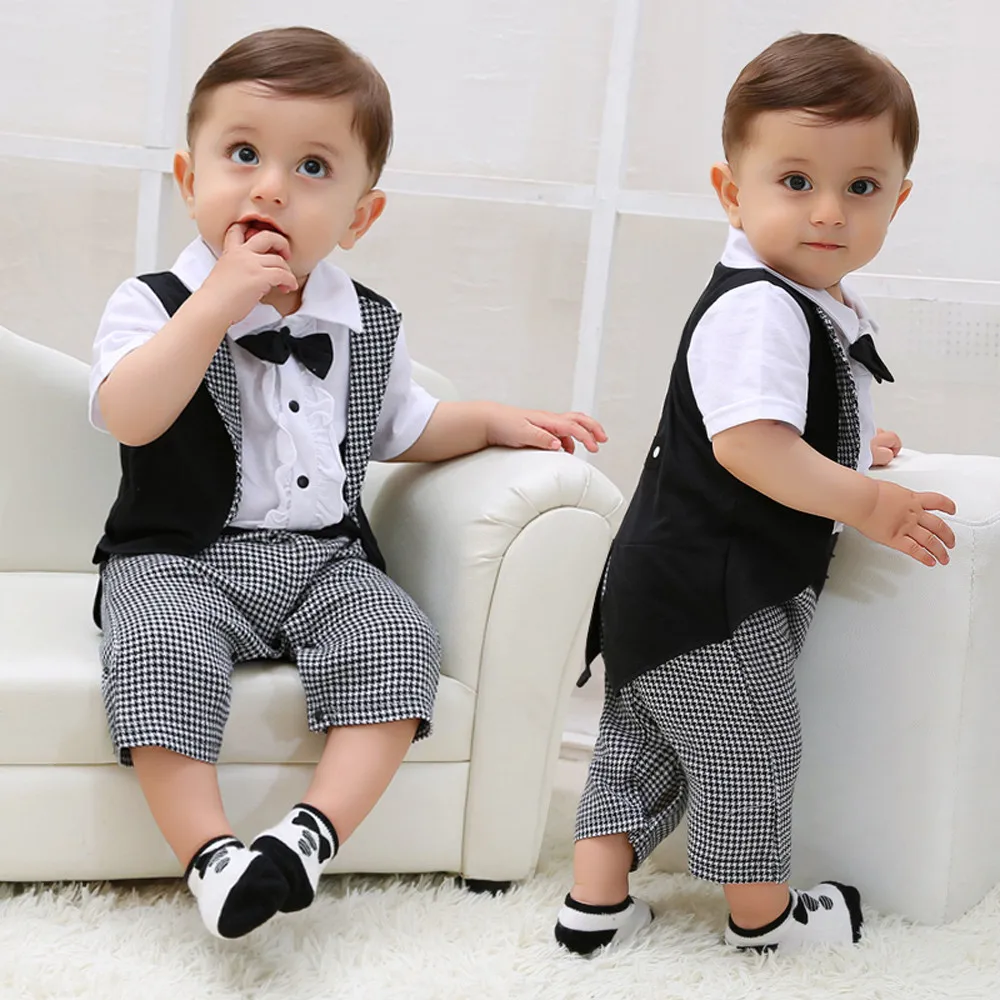 

baby boy summer clothes Toddler Baby Boys Gentleman Bowtie Plaid Swallowtail Romper Jumpsuit Outfits habit bebe garcon7.483gg