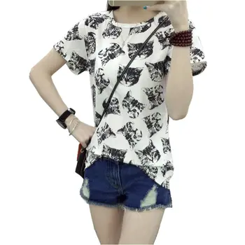Women Dress Summer New Fashion Female T-shirt Korean Sweet Cartoon Cat Printed Ladies Short Sleeve Tops Plus Size M-4XL