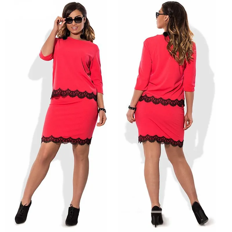 

New Spring Summer Large Size Two Piece Set Big Size Casual Lace Pullover Top And Straight Skirts Suit Women Clothing