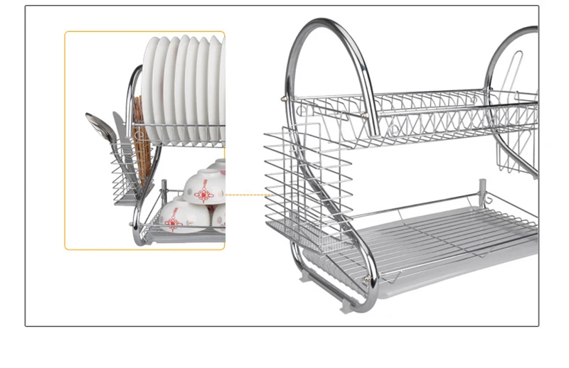 2 Tiers Dish Drying Rack Holder Basket Plated Iron Kitchen Washing Sink Dish Drainer Drying Rack Knife Bowl Organizer 08164