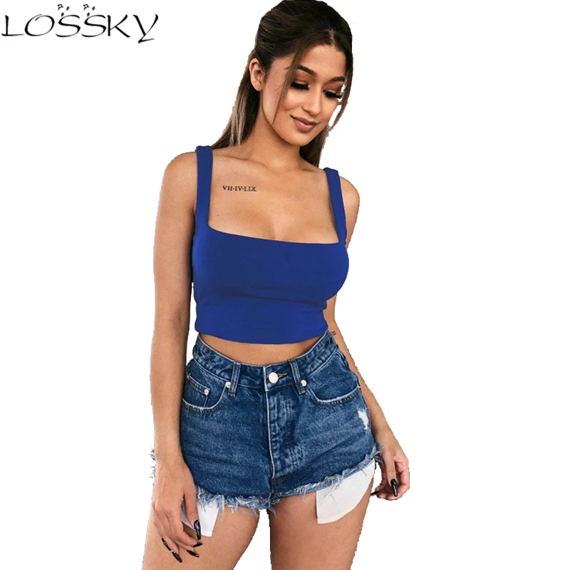 

LOSSKY Women short Tops Sexy Sling Sleeveless Strapless Solid Color Short Vest Female T-shirts Summer Crop Female Clothing