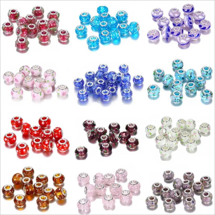 

10pcs Printing 925 Lampwork Murano Glass Crystal Beads Big Hole European Beads for Charms Bracelet Necklaces DIY Jewelry Making