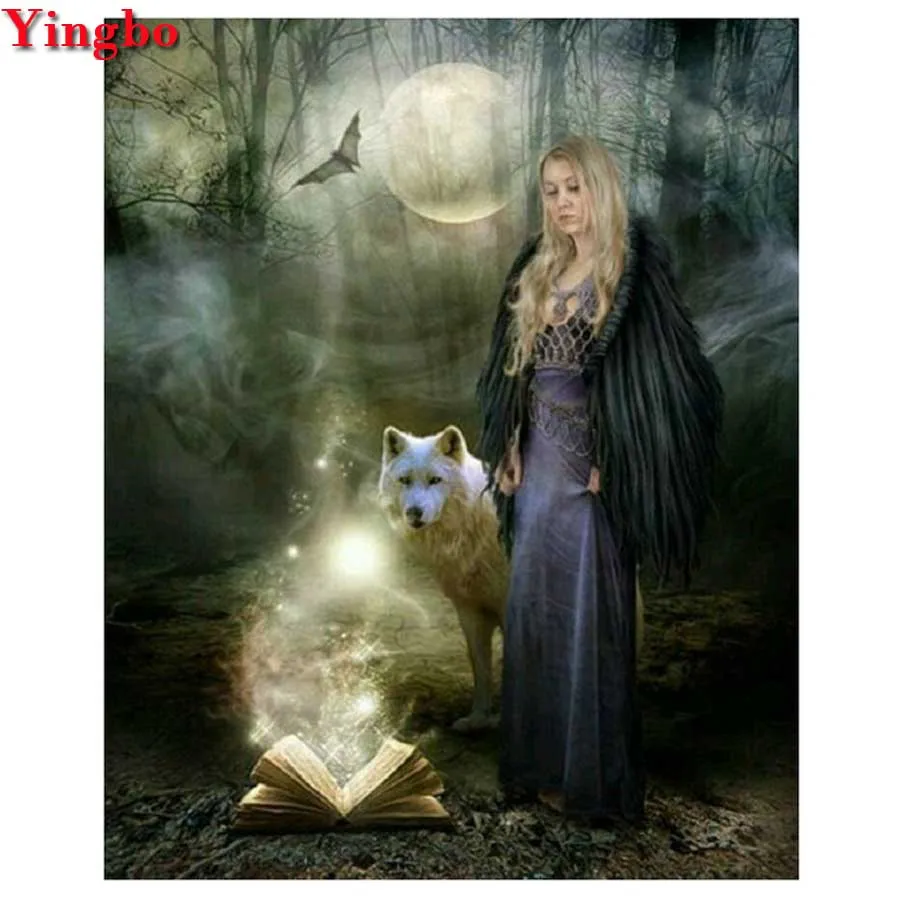 

full square round drill 5d diy diamond painting Fantasy forest book landscape embroidery Diamond Mosaic woman and wolf