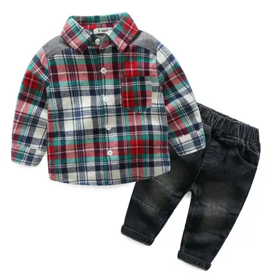 Модные весенние комплекты одежды для маленьких мальчиков Одежда для младенцев хлопковый костюм для малышей клетчатая рубашка с длинными рукавами для мальчиков+ джинсовые штаны/джинсы - Цвет: color as photo