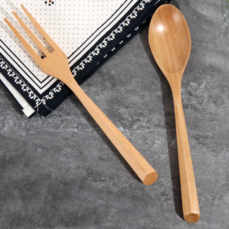 2 Pcs Wood Spoon Fork Cutlery Set Wooden Dinnerware Set Catering Fork Spoon Dinner Table Fork Dessert Soup Spoon Wood Utensils (6)