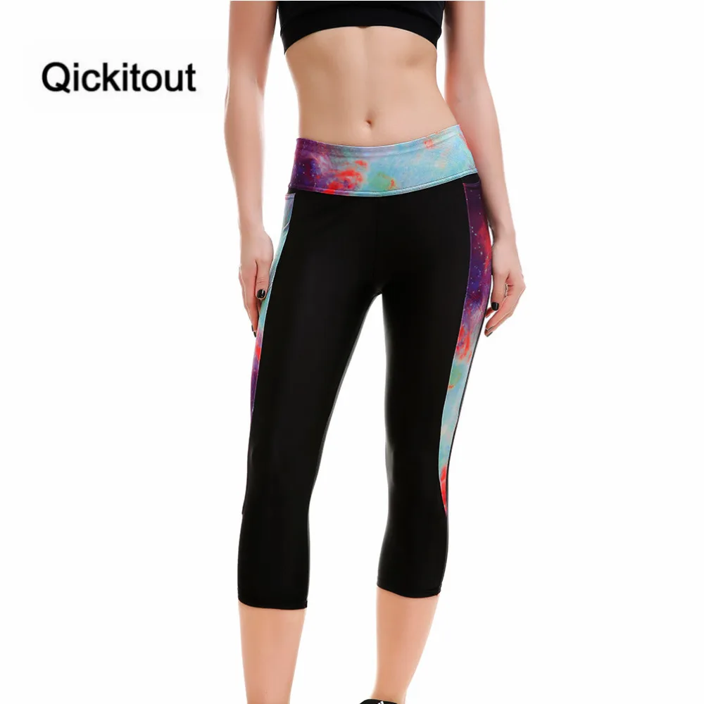 Qickitout брюки фитнес леггинсы с высокой талией женские эластичные обтягивающие штаны цветные звезды и галактики леггинсы сексуальные Капри брюки