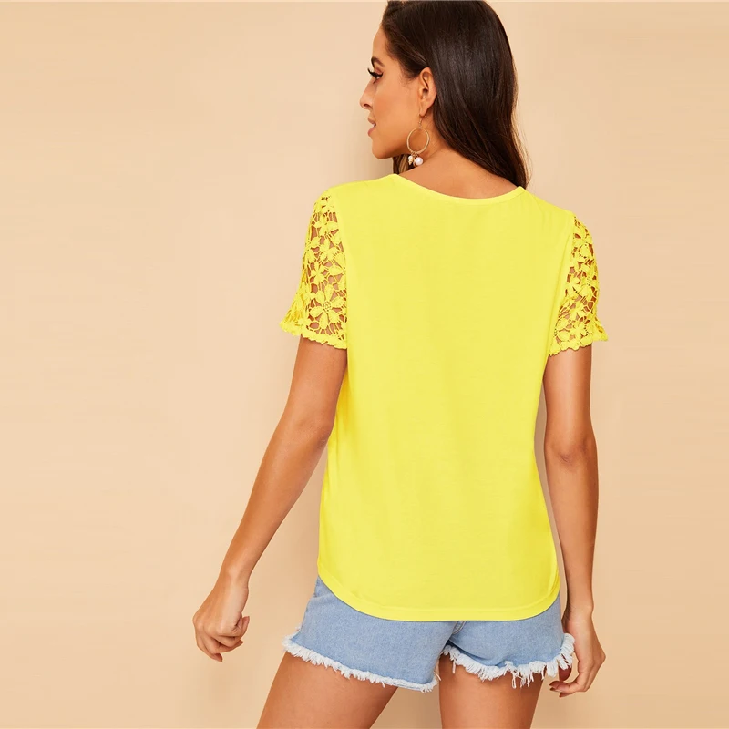 SHEIN, гипюровая футболка с кружевными рукавами и карманами, женская одежда, одноцветные Топы, летняя повседневная футболка с коротким рукавом